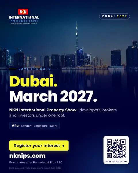 Save the date poster: Dubai, March 2027, NKN International Property Show